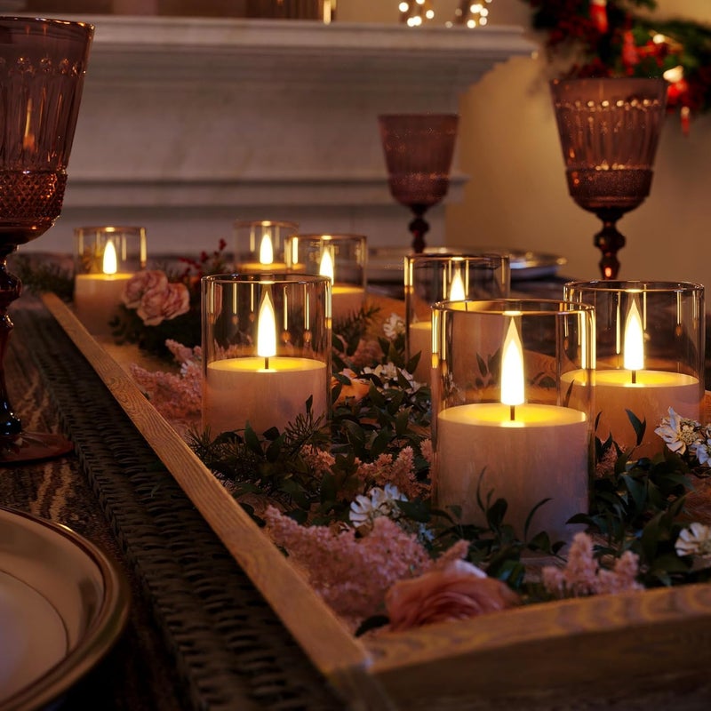 VIODAIM 6Pack Flickering Flameless LED Candles with Timer, Battery Powered - Small Pillar & Votive, Clear (2"X3") - Image 5